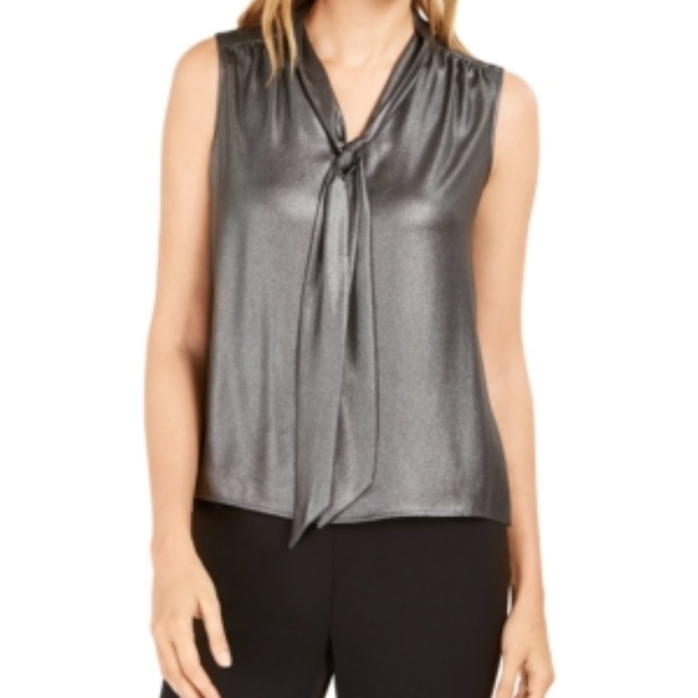 Calvin Klein Metallic Gray Sleeveless Tie-Neck Blouse